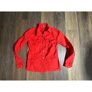 Cabi Utility Jacket Womens Small Red Excellent Ruffle Back Peplum Safari Coat